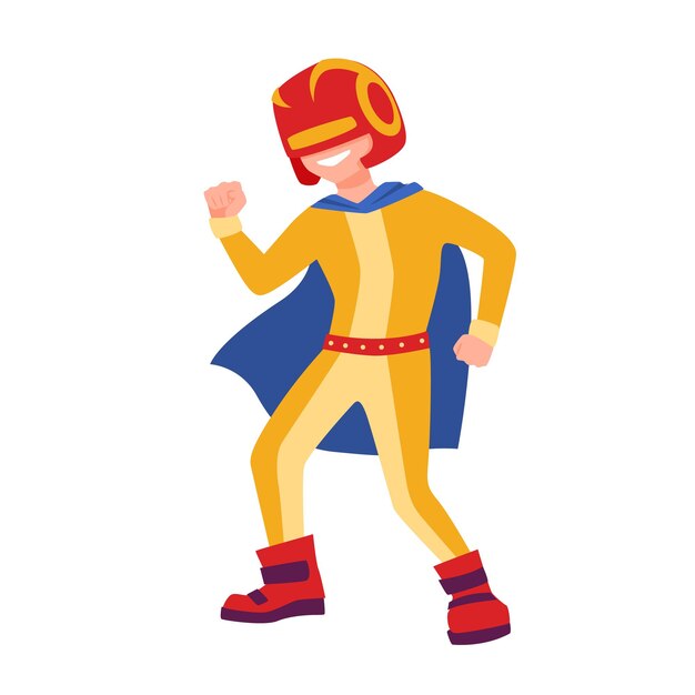 Funny superboy or superchild. brave and strong superhero kid standing in powerful position. fantastic child hero with super power wearing helmet, bodysuit and cape. flat cartoon vector illustration.