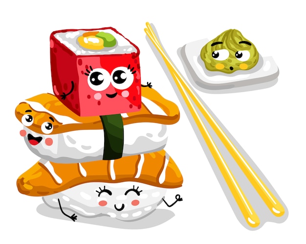 Vettore sushi e sashimi divertenti set personaggio dei cartoni animati