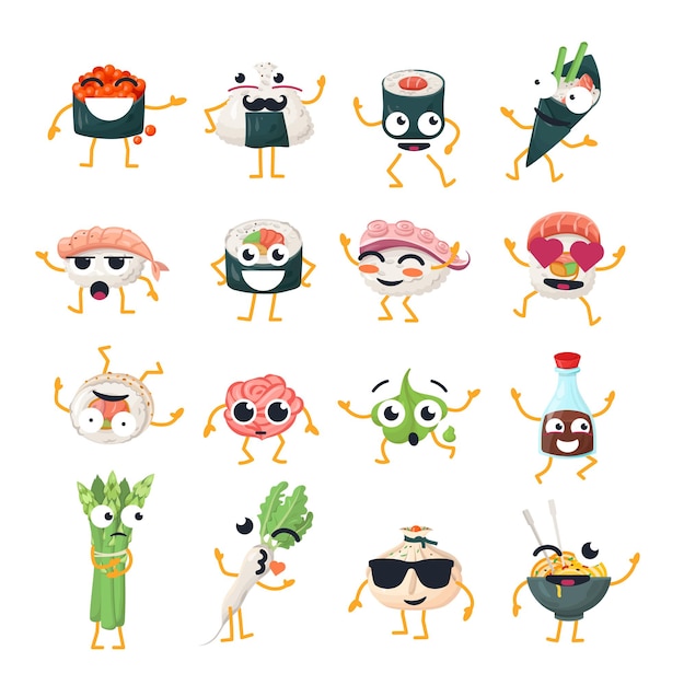 Funny sushi and wok - vector isolated cartoon emoticons. cute emoji set with a nice character. a collection of an angry, surprised, happy, crazy, laughing, sad asian food on white background