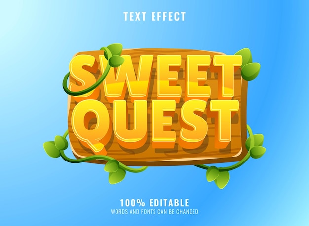 ゲームのロゴのタイトルに最適な木製フレームとブドウの葉のテキスト効果を持つ面白い甘いクエスト