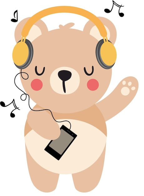 Funny teddy bear listening music with headphones