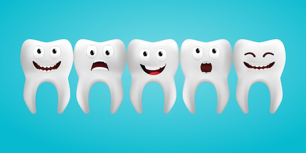 다른 표정을 가진 재미있는 이빨. 하나의 무서운 치아를 포함하여 연속으로 하얀 치아를 웃고 있습니다. 파란색 배경에 고립 된 행복 치과 아이콘의 3d 현실적인 벡터 일러스트 레이 션