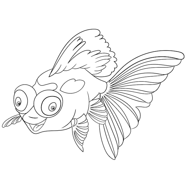 Vector funny telescope goldfish with big eyes. cartoon coloring book page for kids.