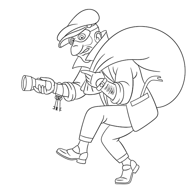 Funny thief. People professions. Cartoon coloring book page for kids.