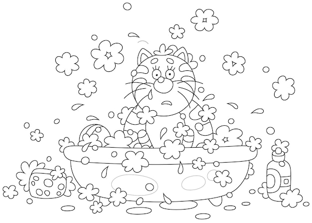 Funny thoughtful and confused fat cat relaxing and washing in a bubble bath with foam