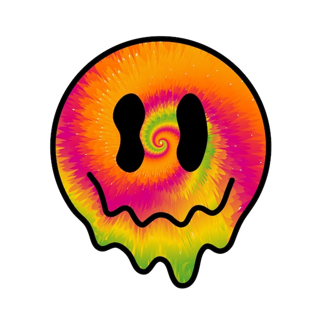 Funny tie dye psychedelic surreal melt smile faceVector tiedye cartoon character illustration logoSmile yellow groovy face tie dye meltacidtechnotrippy print for tshirtpostercard concept
