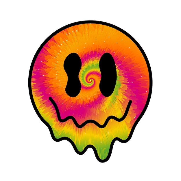 Divertente tie dye psichedelico surreale melt sorriso facciavector legato personaggio dei cartoni animati illustrazione logosmile giallo groovy faccia tie dye meltacidtechnotrippy stampa per tshirtconcetto di postercard