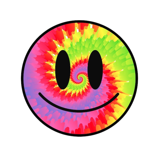 Vector funny tie dye psychedelic surreal smile facevector tiedye cartoon character illustration logosmile yellow groovy face tie dye meltacidtechnotrippy print for tshirtpostercard concept