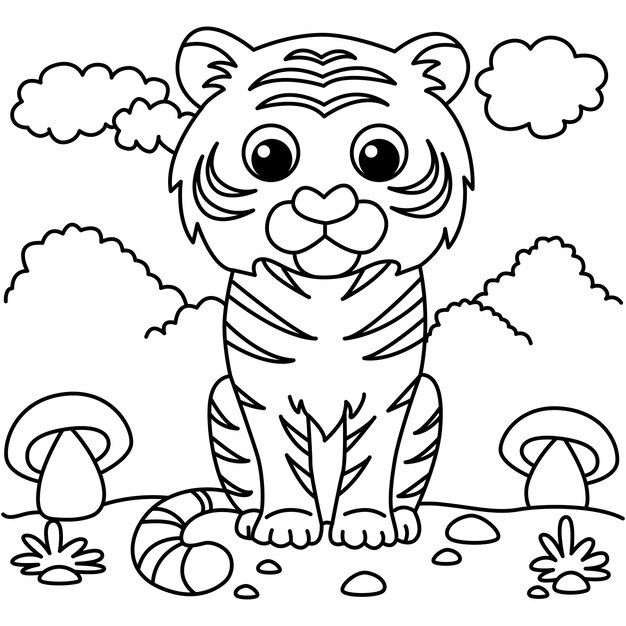 Funny tiger cartoon vector coloring page