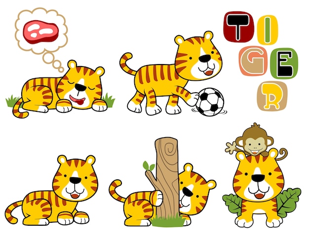 Funny tiger cartoon vector set collection