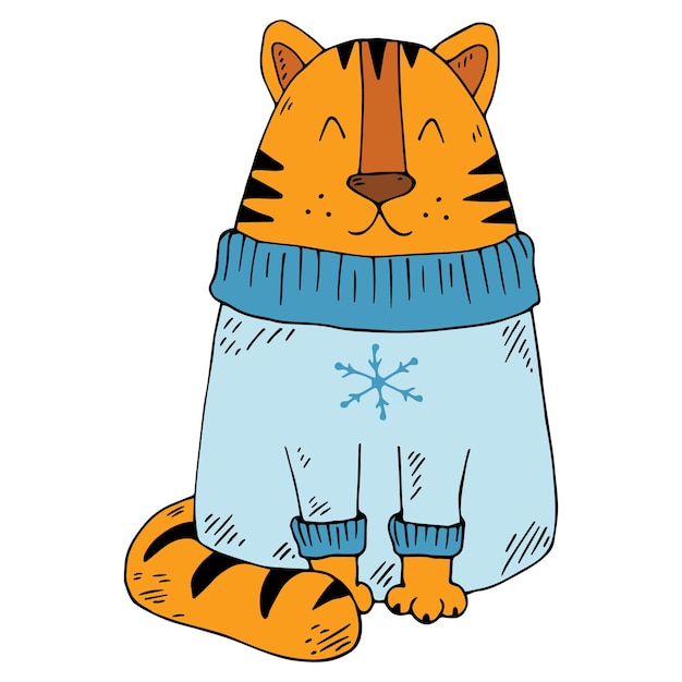 Забавный тигр - символ 2022 года. Рисованный персонаж тигра Новогодняя и рождественская открытка.