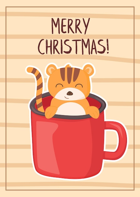 Funny tiger in the mug character Christmas greeting card in cartoon style