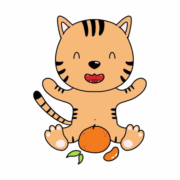 Забавный тигр с мандарином. символ нового 2022 года по восточному календарю. векторный персонаж в стиле каракулей.