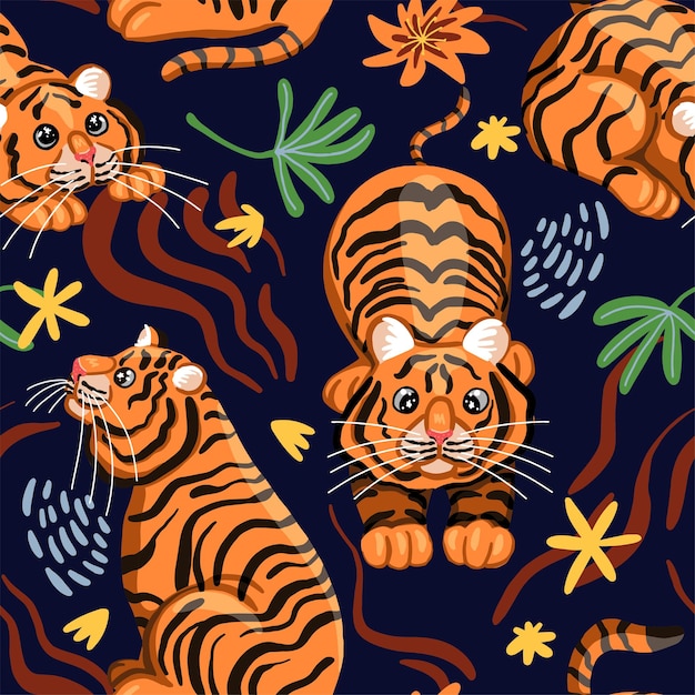 面白い虎はシームレスなパターンをベクトルします。野生の猫は現代の装飾品を着色しました。今年の東暦のシンボル。ファブリック、テキスタイル、背景、壁紙、装飾のデザイン。