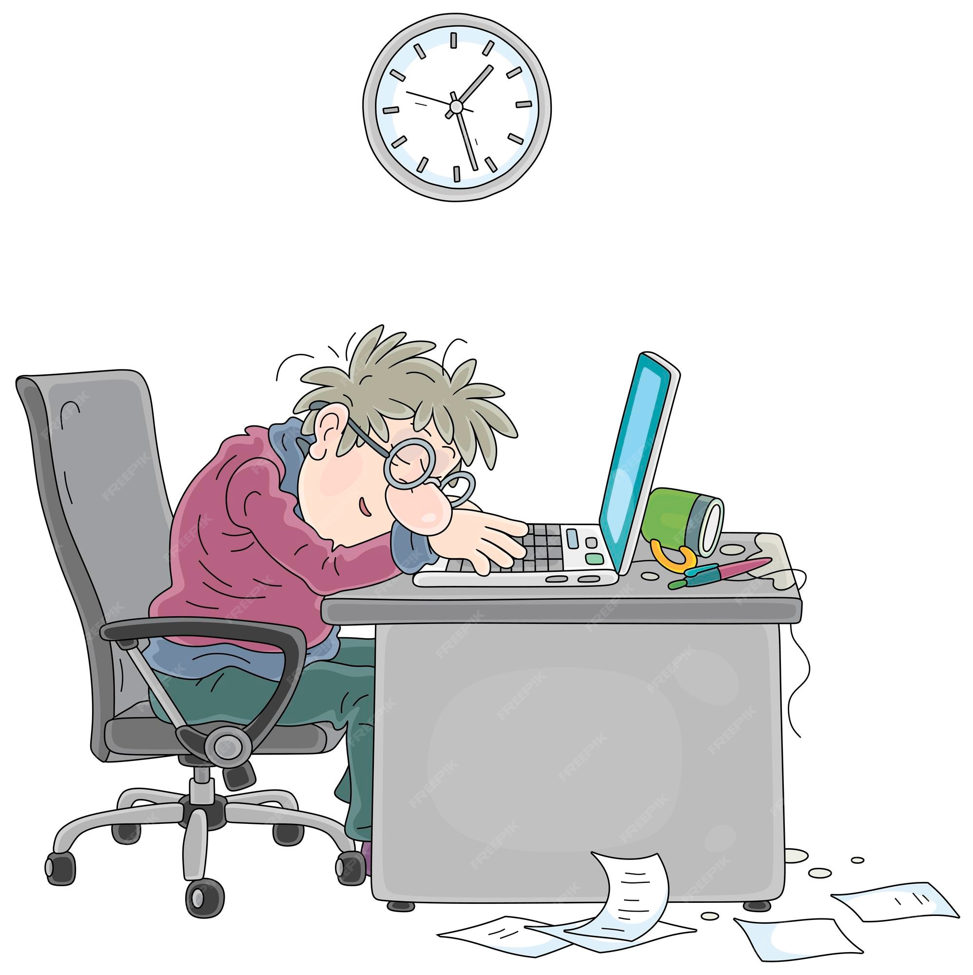 Premium Vector | Funny tired man sleeping at his desk on a laptop after a  hard work day in an office vector cartoon