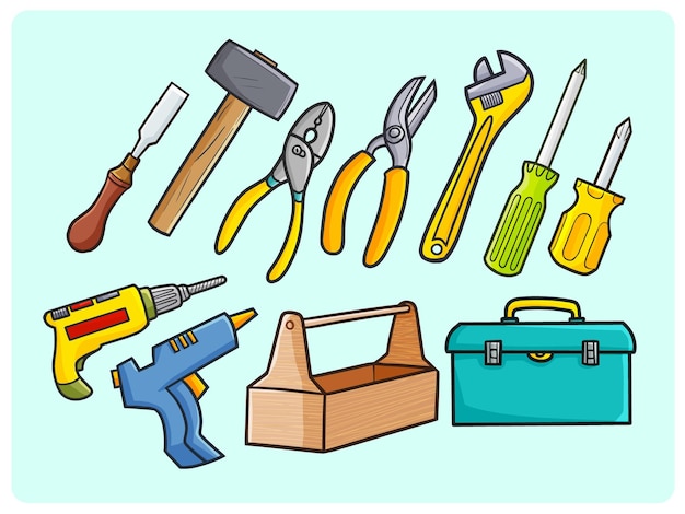 Vector funny tools and industrial equipment collection in simple doodle style