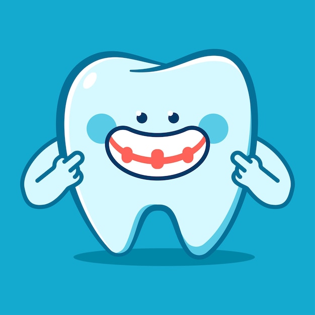 Vector funny tooth in braces vector cartoon character isolated on background.