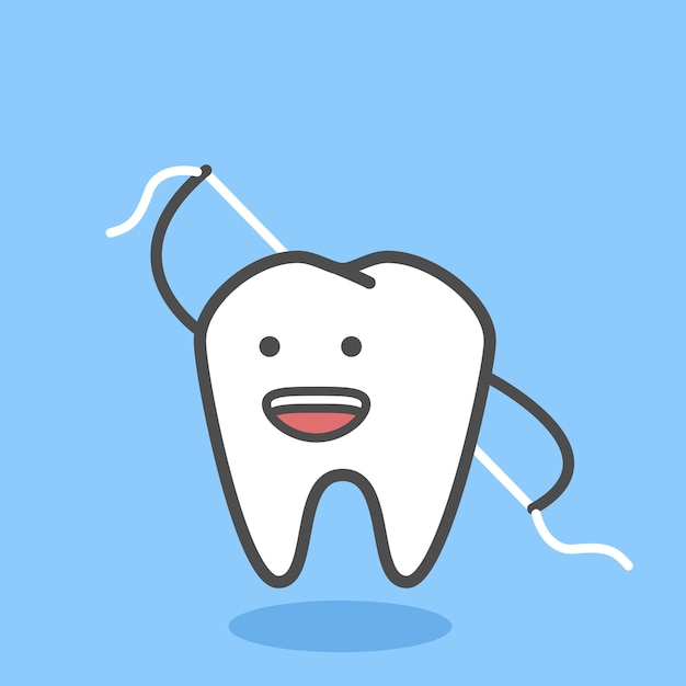 Funny tooth character with dental floss oral hygiene and teeth cleaning molar with dental thread vector