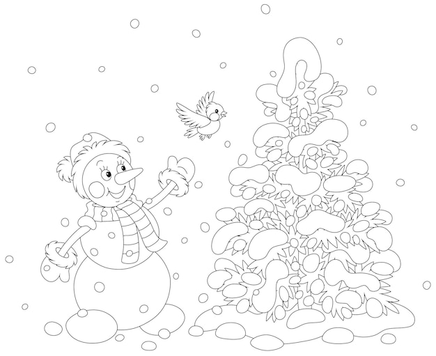 Funny toy snowman playing with a merry small bird near a pretty fir in a snowy winter park