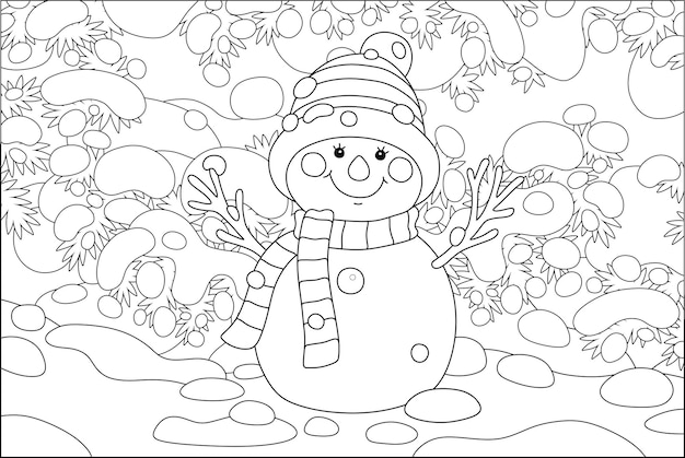 Вектор Забавный игрушечный снеговик с теплым шарфом и шапкой под заснеженными еловыми ветками в зимнем парке