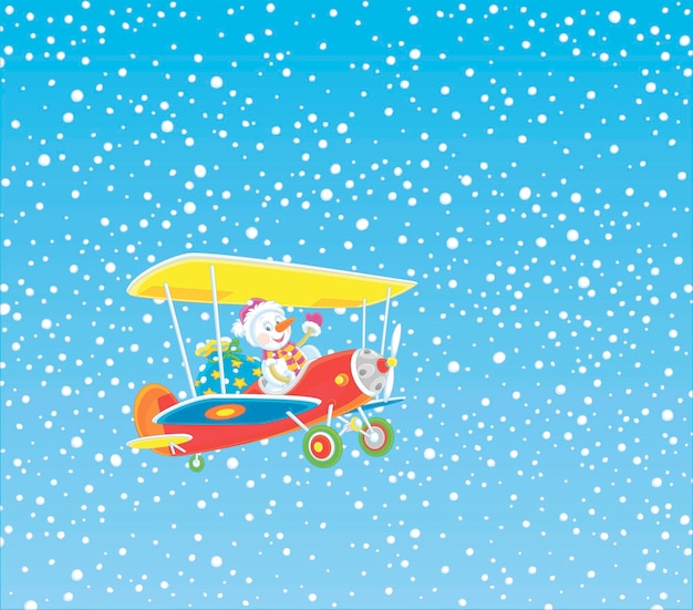 Funny toy snowman with a magical bag of holiday gifts piloting a colorful plane through snowfall