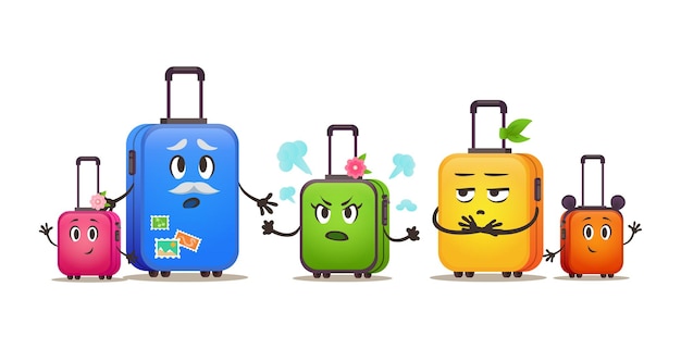 Vettore borse da viaggio divertenti famiglia in vacanza set di valigie diverse dimensioni del bagaglio