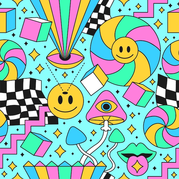 재미 있는 Trippy 60 년대 스타일 환각 기하학 완벽 한 패턴입니다. 벡터 미친 만화 캐릭터 illustration.Smile 멋진 얼굴, 테크노, 산, trippy, 세포 원활한 패턴 벽지 인쇄 개념