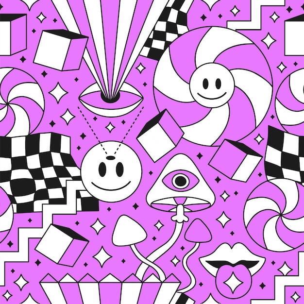 Funny trippy 60s style psychedelic geometry seamless pattern.vector crazy cartoon character illustration.smile groovy faces ,techno,acid,trippy,cells seamless pattern wallpaper print concept