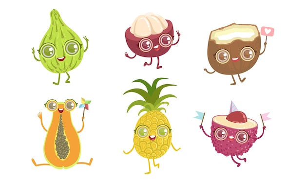 Вектор Забавные тропические фрукты, персонажи, папайя, ананас, личи, кокосовый орех, мангостин, гуава, векторная иллюстрация