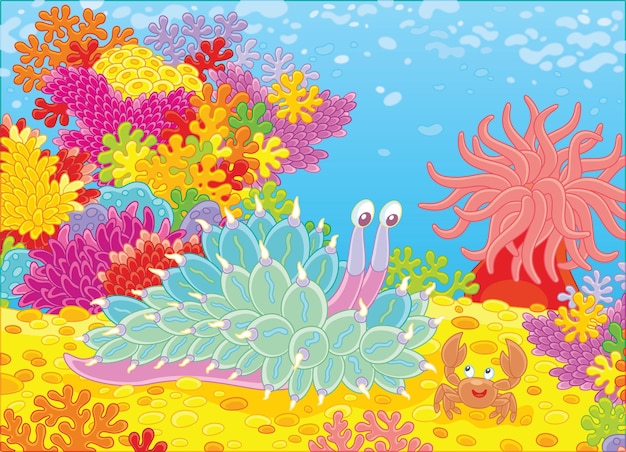 Вектор Забавный тропический моллюск и дружелюбный улыбающийся краб на красочном коралловом рифе