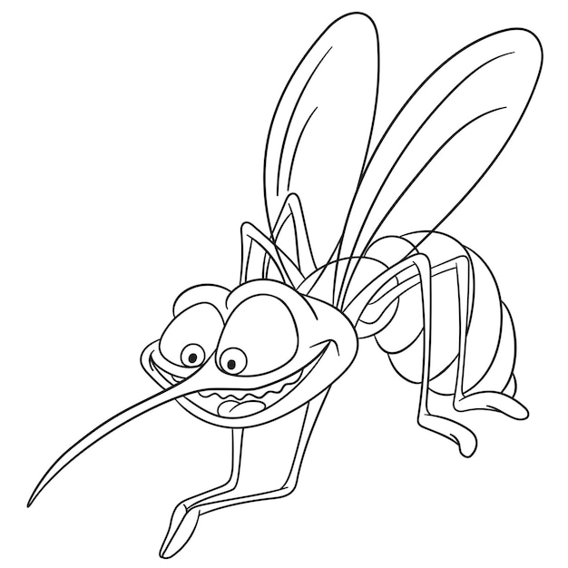 Funny tropical mosquito ready to bite. Cartoon coloring book page for kids.