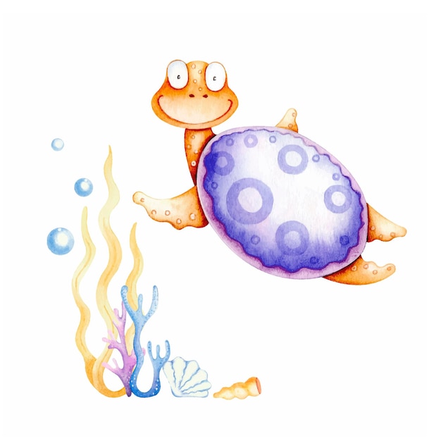 Funny turtle with seaweed. Sea life. Watercolor.