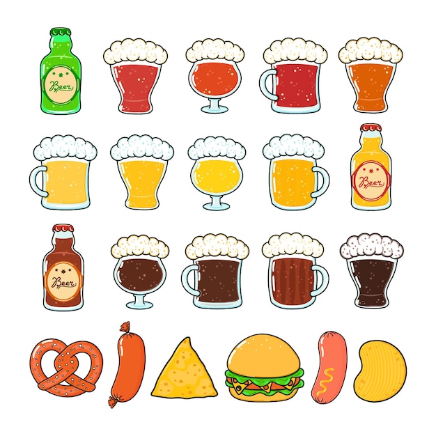 ベクトル おもしろい種類のビールとおやつキャラクターバンドルセット