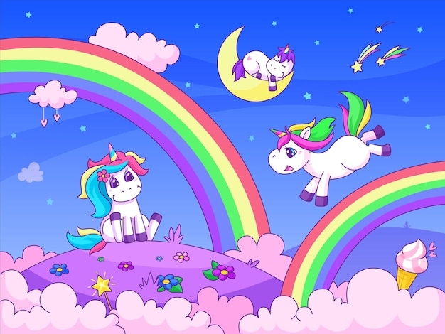 Funny unicorn background Sweet fairy unicorns cute pony on rainbow Beauty cartoon animals magic wonderland Garish vector landscape for kids