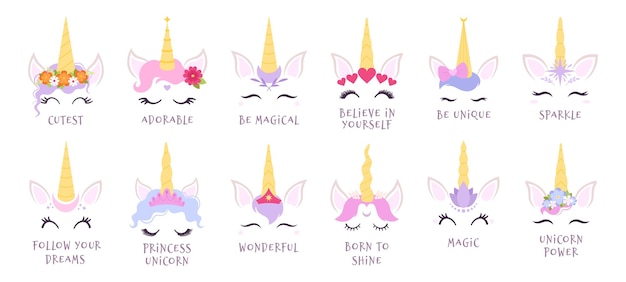 Vector funny unicorn face queen princess unicorns cute romantic ponies print magic positive motivation party stickers girly baby rainbow racy vector clipart with phrases