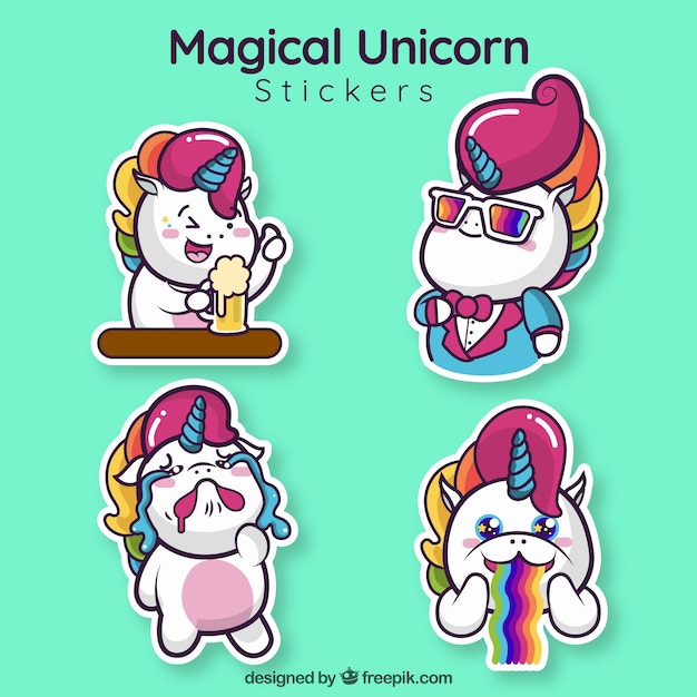 Vector funny unicorn stickers set