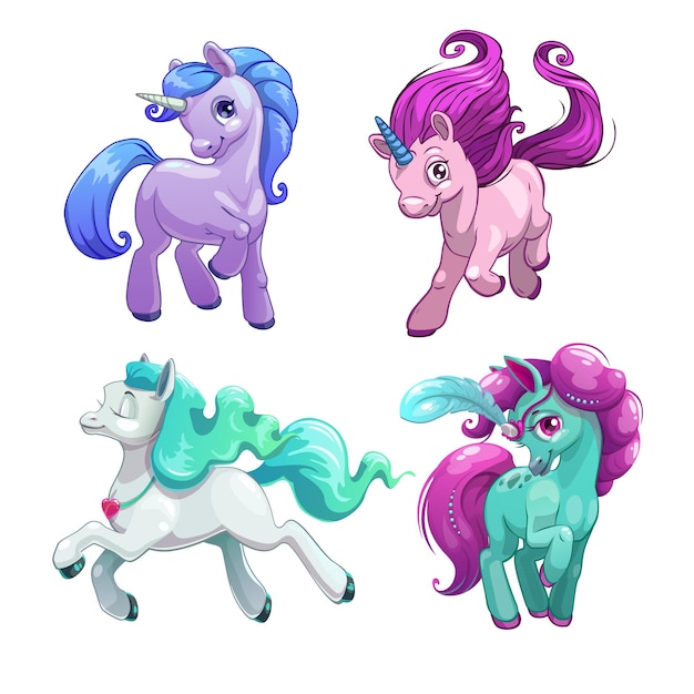 Vettore unicorni divertenti set da principessa pony carino cartone animato