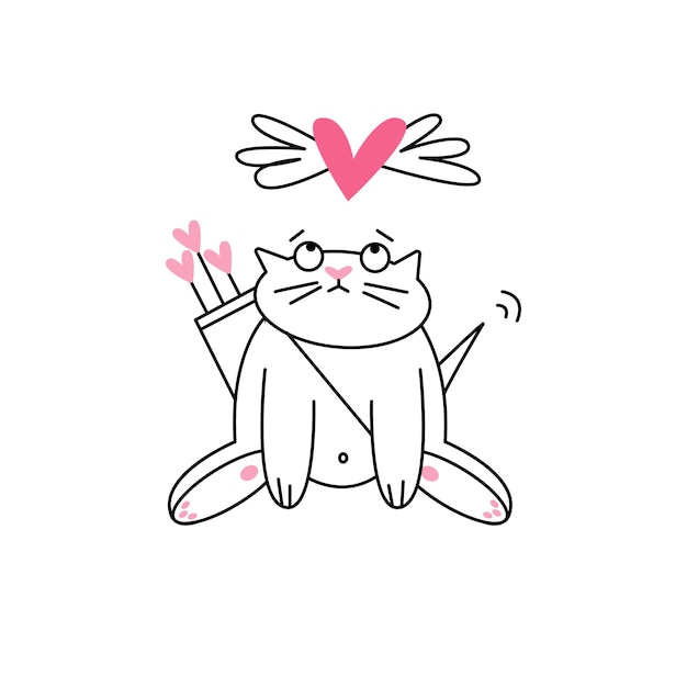 Вектор Забавный кот-купидон с валентинками, наблюдающий за сердцем над головой