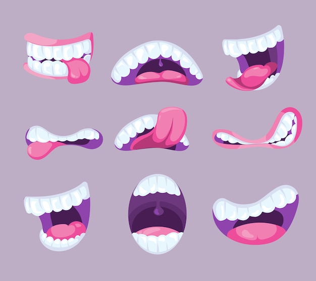 Vector funny vector comic mouths expressing different emotions. fun pharynx with tooth and pink tongue illu