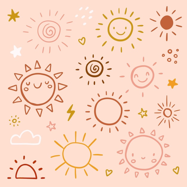 Vector funny vector doodle suns hand drawn set