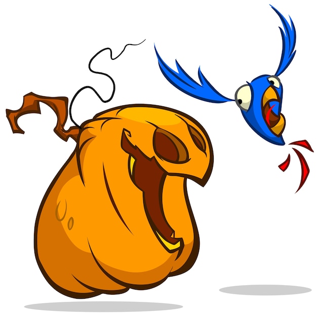 Funny vector halloween pumpkin head monster catching a blue bird