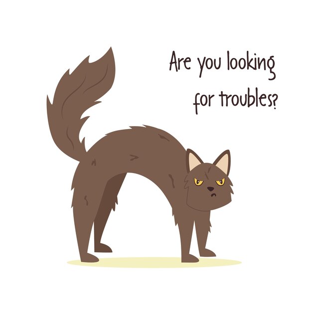 凶暴な猫と「トラブルを探していますか」というフレーズの面白いベクトル イラスト