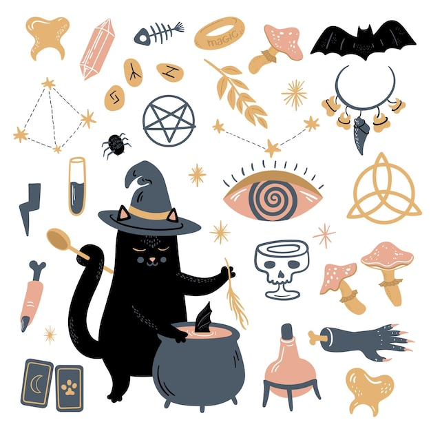 Funny vector magic collection with witchcraft and occultism symbols black cat skull etc