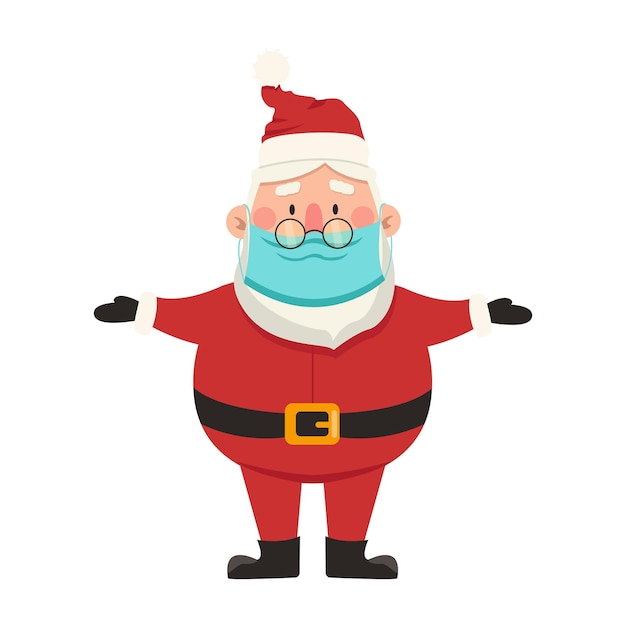 Funny vector Santa Claus in a medical mask with outstretched arms.