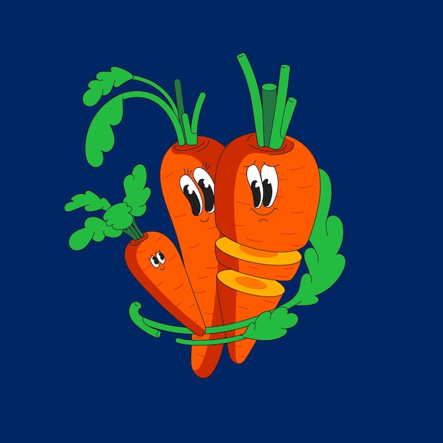 Смешные растительные персонажи Мультяшная морковная семья Милый талисман изолирован на синем фоне