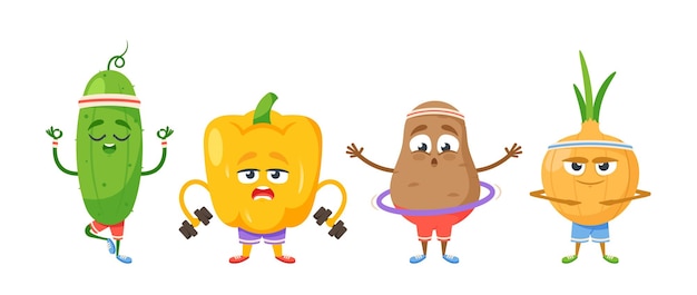 Funny vegetable characters doing sports exercises and yoga practice cucumber stand in asana pose bell pepper workout