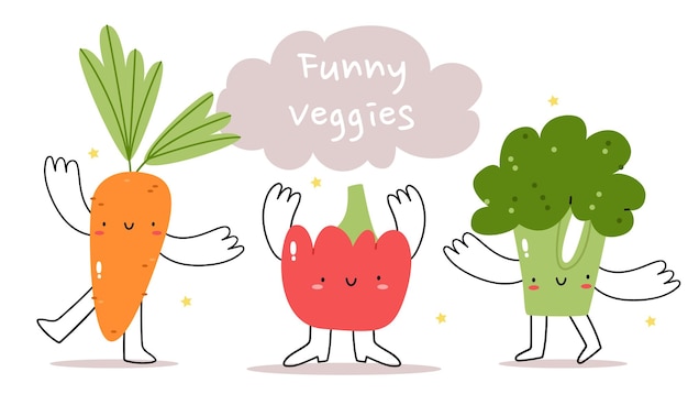 Funny vegetables Carrots peppers and broccoli dancing on a white background The concept of veganism and healthy food Happy cute vegetable character with plant with smiling face