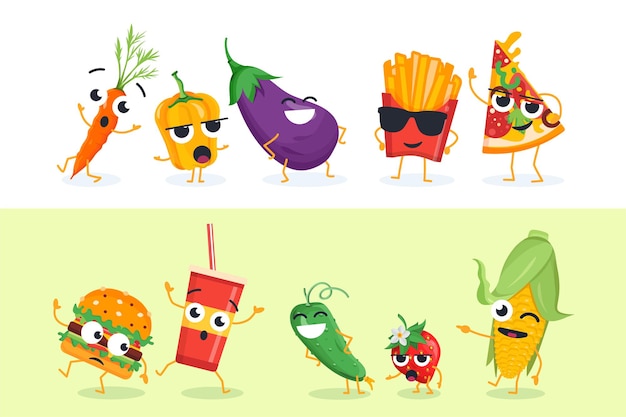 Funny vegetables and fast food - set of vector characters illustrations on white and yellow background. Cute emoji of healthy and unhealthy food. High quality collection of cartoon emoticons