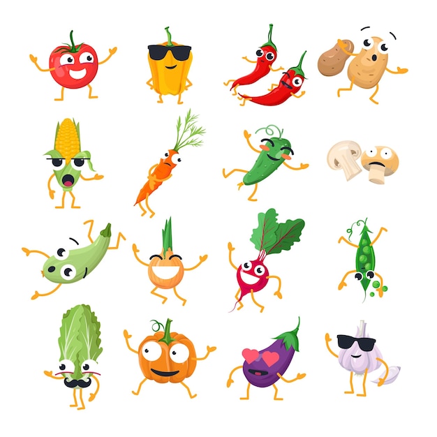 Verdure divertenti - emoticon del fumetto isolato vettore. simpatico set di emoji con simpatici personaggi. una raccolta di cibo arrabbiato, sorpreso, felice, allegro, pazzo, ridente, triste su sfondo bianco