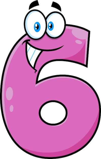 Funny Violet Number Six 6 Cartoon Character. Vector Hand Drawn Illustration